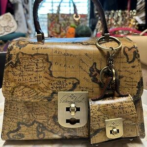 NWT Patricia Nash Map Print top handle crossbody handbag  & Matching Bag Charm!